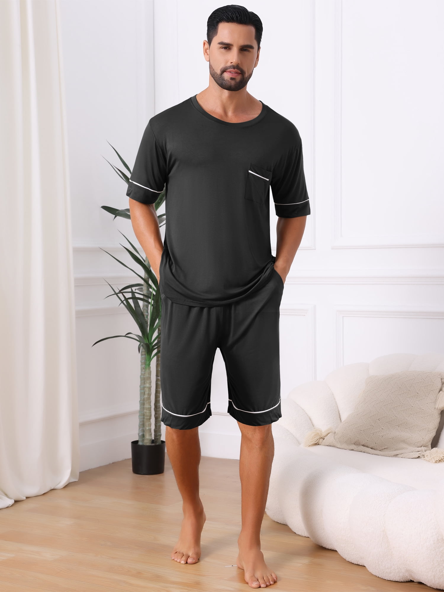 DARING DIVA Men's Soft Nightwear Summer Crew Neck Pajama Set with Pockets L Black