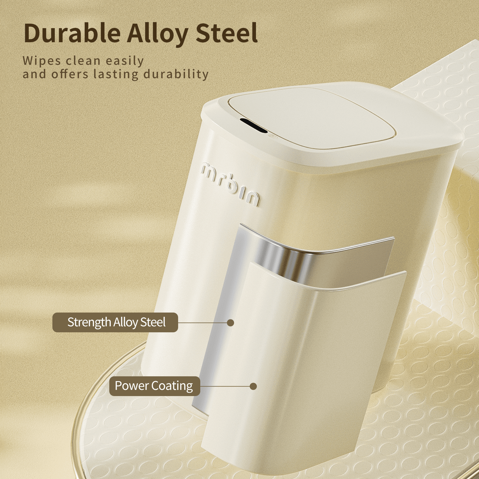 Mrbin Motion Sensor Bathroom Metal Trash Can with Lid and Wheels, 10L/2.6gal Automatic Removable Slim Electric Narrow Waste Basket for Near Desk Office, Bedroom, Kitchen, Rv, White