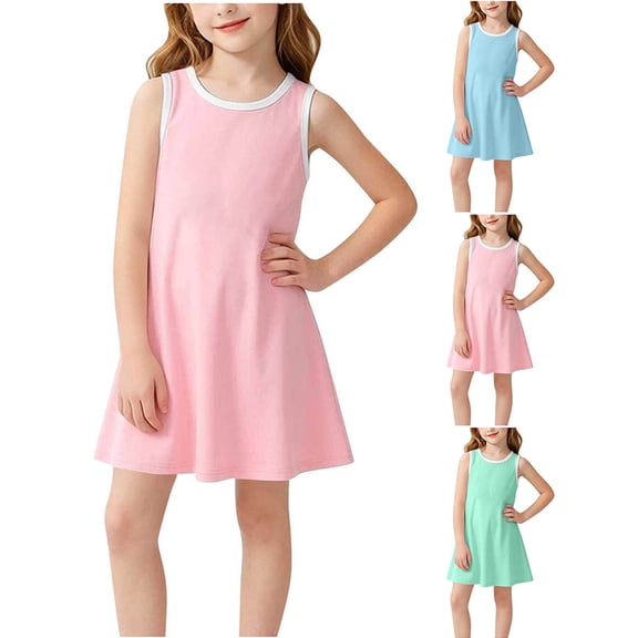 Afuyipoi Girls Sleeveless Dress Size 2-8Y Solid Color Summer Contrast Trim A-Line Sundress for Kids Daily Wear Pink Size 4T