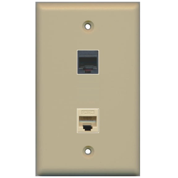 RiteAV - 1 RJ11 RJ12 Black Phone Port and 1 Cat5e Ethernet Port Wall Plate - Ivory - Bracket Included
