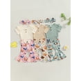 thumbnail image 4 of Yunliwuli Baby Girl Romper Outfit Ribbed Ruffled Short Sleeve Jumpsuit with FloralChick Flare Pants Headband 3Pcs Outfit, 4 of 10