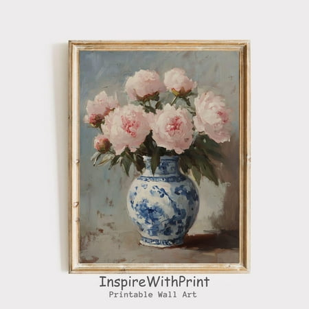 Peonies Flower Bouquet in Blue and White Chinoiserie Vase Print, Vintage Flower Vase Printable, Pink peonies Wall Art, Chinoiserie, Size 8x12 UNFFRAMED F03.1.5l1481