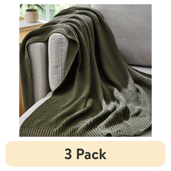 (3 pack) Better Homes and Gardens, Chunky Knit Deep Green Throw, Cotton-Blend, 50"x60", 2.3 LB, All Ages