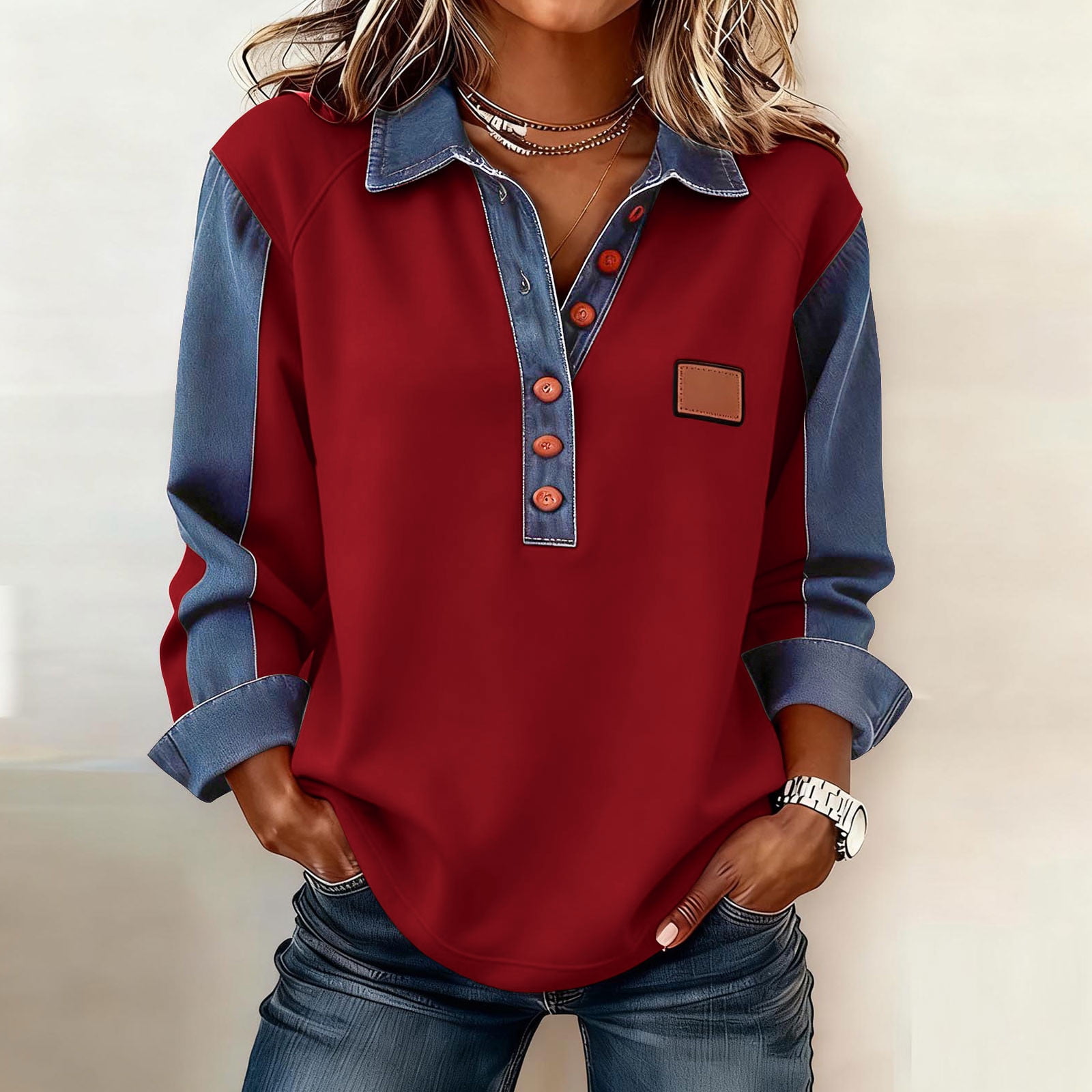 Denim Sweater for Women Collar Button up Patchwork Pullover Tops Vintage Knit Jean Casual Wear Blouses