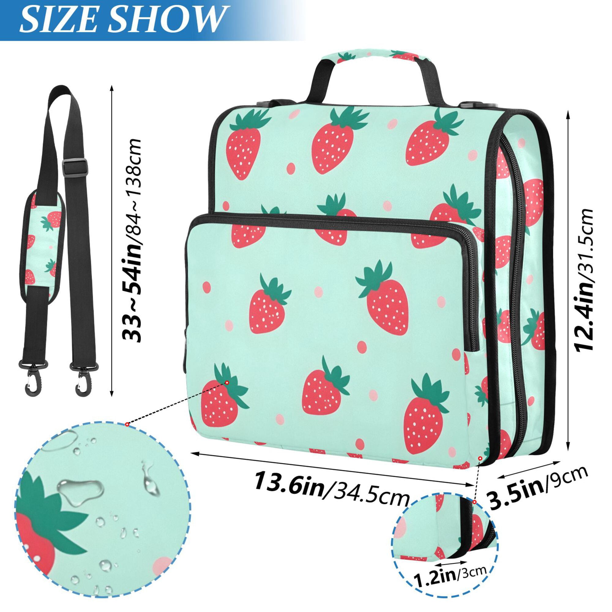 FORMRS Zipper Binder with Shoulder Strap 2-inch Ring 500 Sheet Capacity File Bag, Green Strawberry