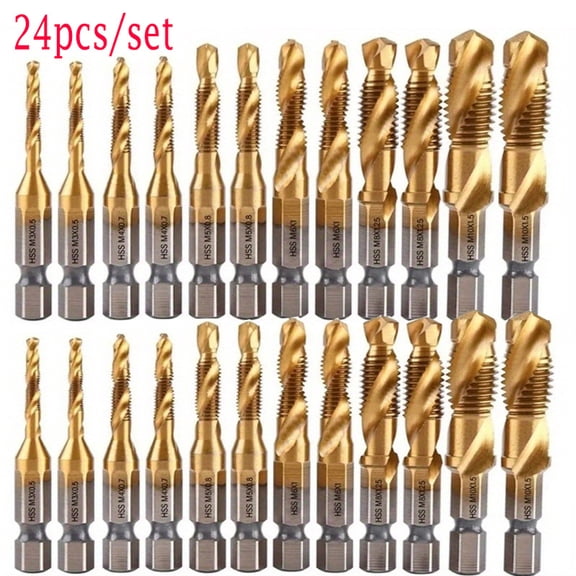 24pcs Heavy-Duty Titanium-Coated HSS Drill Bit & Tap Set, Hex Shank, Precision Threaded Taps for Metalworking, Plumbing, Automotive & Machinery Threading