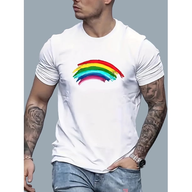 Rainbow Print Men's Crew Neck Fashionable Short Sleeve Sports T-shirt, Comfortable And Versatile, for Summer And Spring, Athletic Style, Comfort Fit T-Shirt, As Gifts