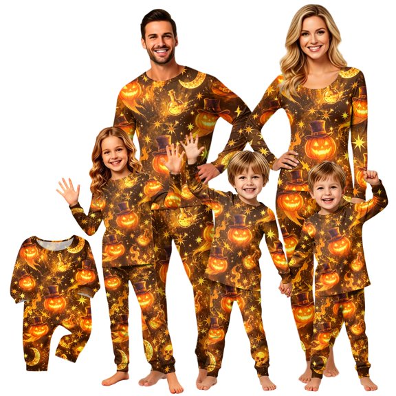 Halloween Family Pajamas Set Long Sleeve Crew Neck, Soft Matching Halloween Pajamas with Top Hat Pumpkin Print, Vintage Family Halloween Pajama Set for Party