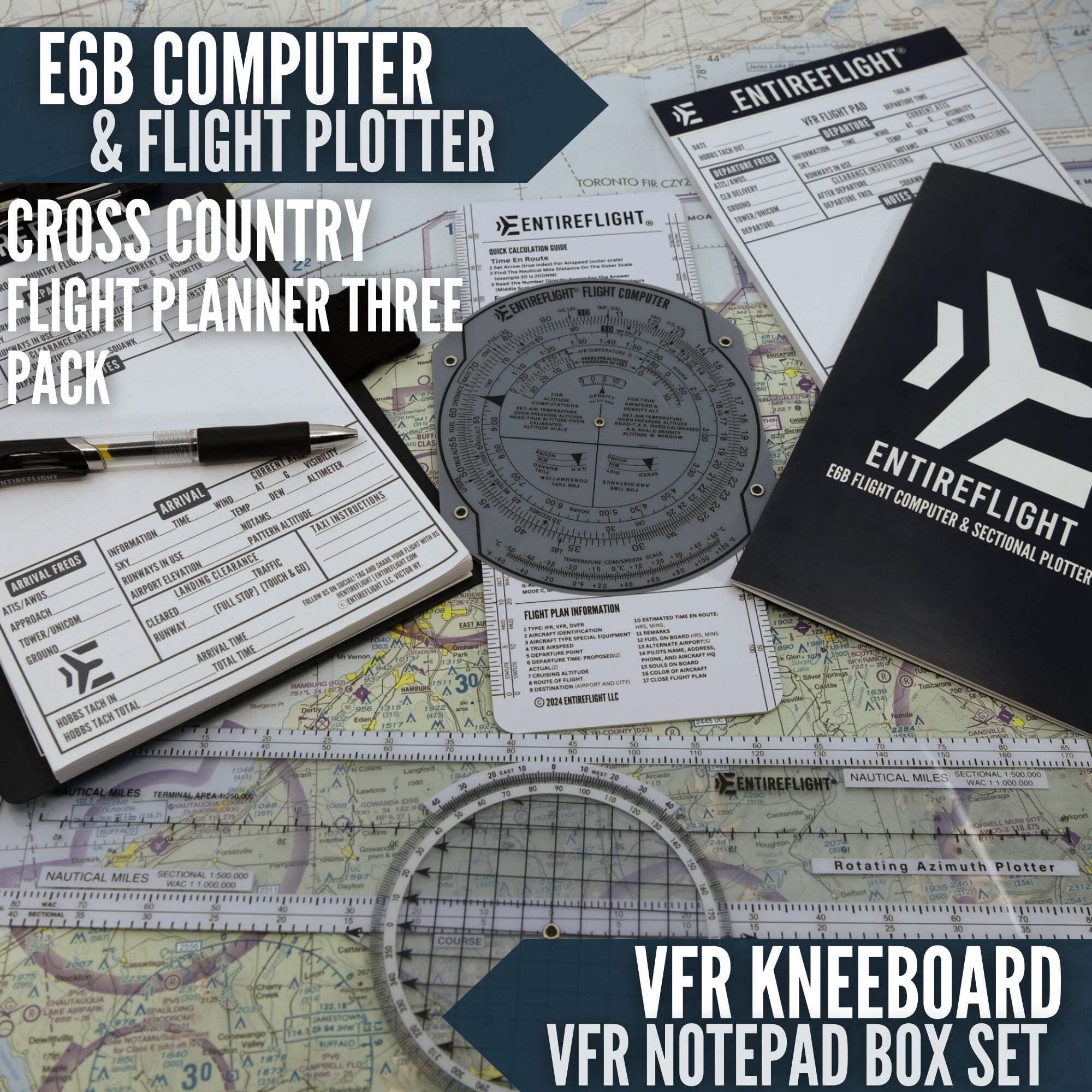 STUDENT PILOT BUNDLE - Aviation Pilot Kneeboard, E6b Flight Computer Plus Plotter  Cross Country Planning Notepad