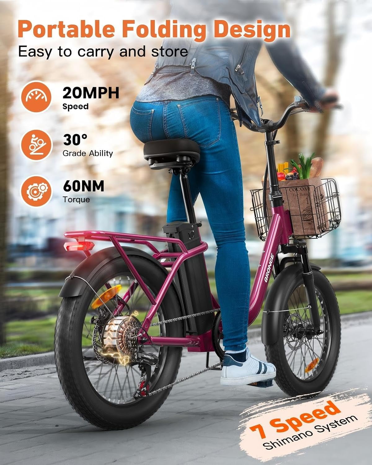 Folding Electric Bikes for Adults 1000W Peak 70 Miles Max Range 20 mph Top Speed Step Thru E Bike Fat Tire Foldable E-Mountain Bikes with Front Basket, 7 Speed, 36V 13.5AH Battery, UL2849 by SGS