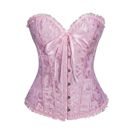 JULMCOMO Corset Tops for Women  Pleated Trim Bustier Shapewear Lingerie Lace Waist Push Up Bodysuit Pink M