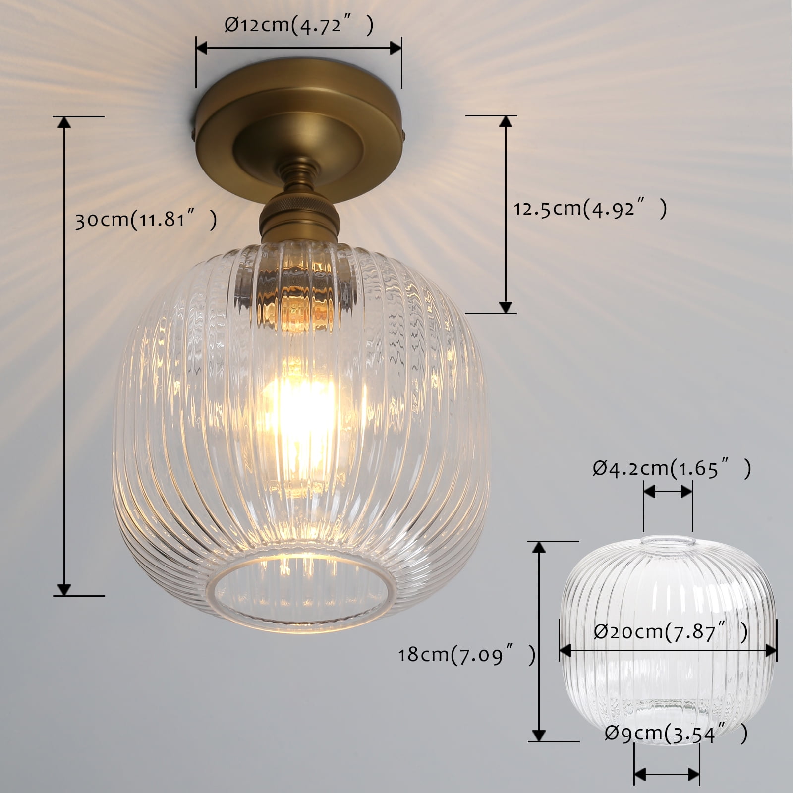 Pathson Industrial Semi Flush Mount Ceiling Light, Ribbed Clear Glass Lampshade Close to Ceiling Light for Living Room Dinning Room Kitchen Porch