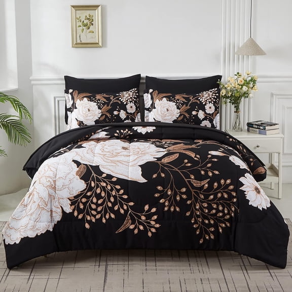 7 Piece King Size Reversible Black and White Floral Microfiber Comforter Set