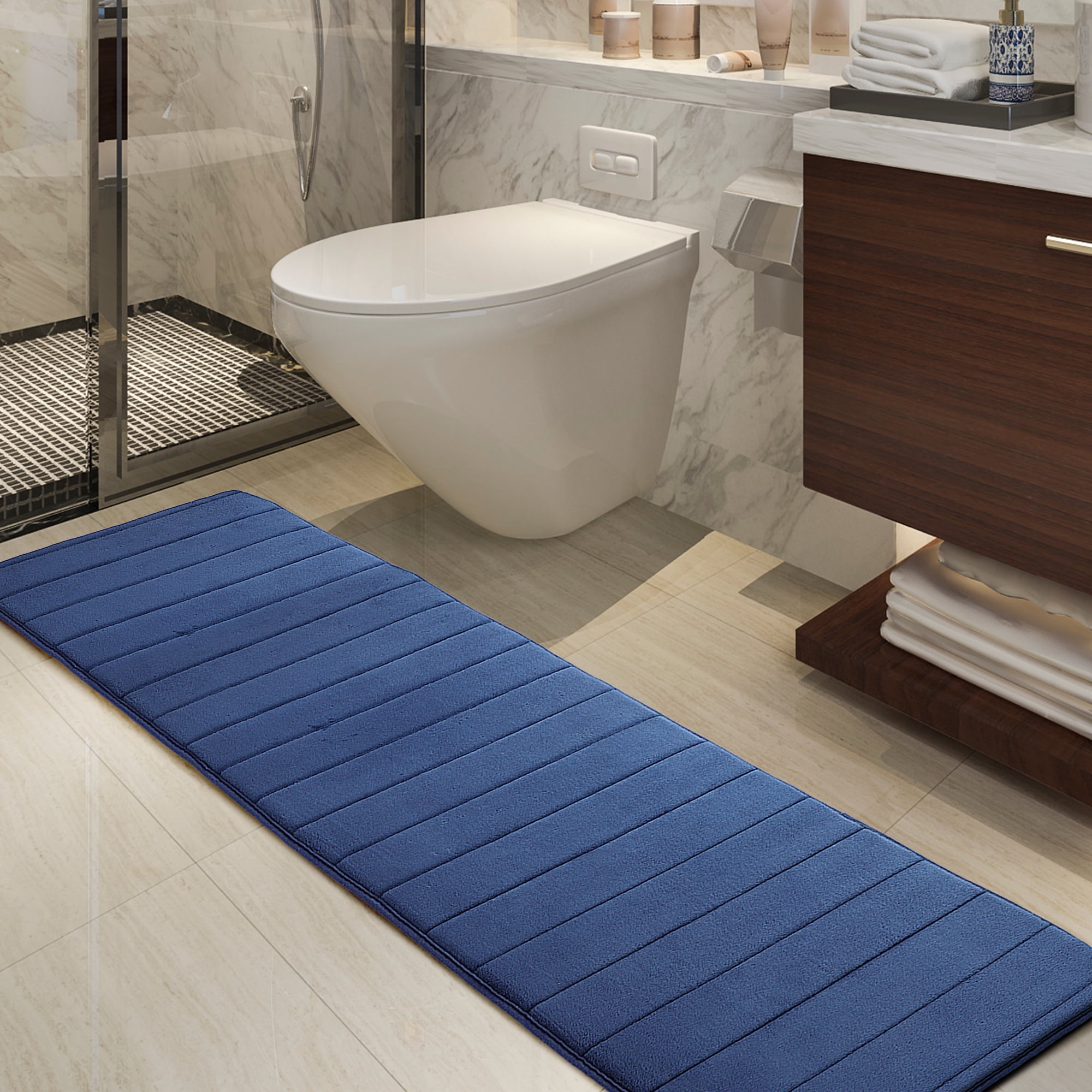 Unique Bargains Anti-slip Memory Foam Bath Floor Mat Area Runner Rug Blue 24"x63"