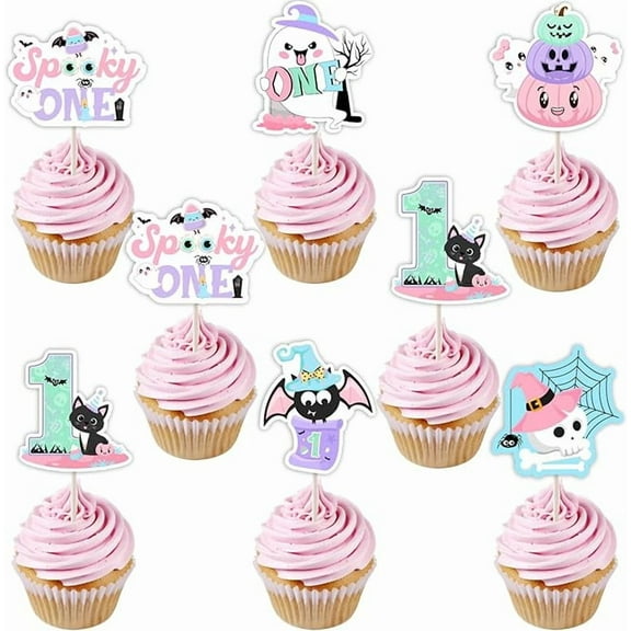 Halloween 1st Birthday Party Decorations Girl - 24PCS Pastel Cupcake Toppers, Pink and Purple Halloween Spooky One First Birthday Party Cupcake Decorations