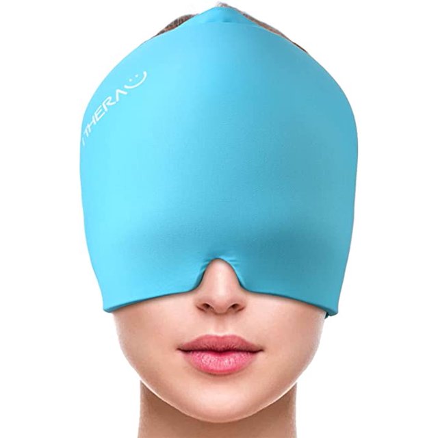 Gorra antimigraña, gorro para migraña con terapia de frío, casco para migraña con forma ajustada de 360°, gorro para migraña, máscara antimigraña para migraña, dolores de cabeza, dolor de cabeza, azu