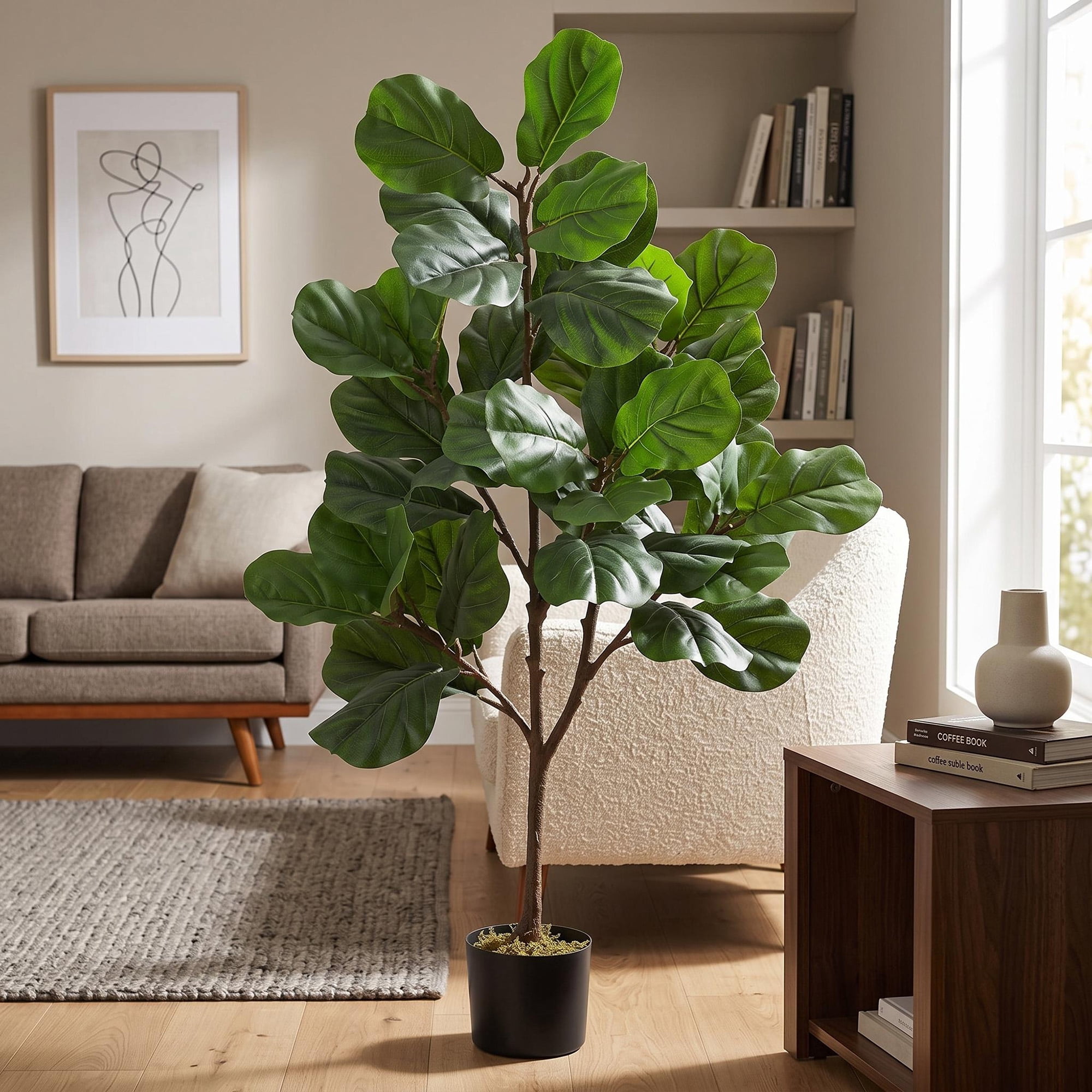 Artificial Fiddle Leaf Fig Tree 4FT Tall, Faux Ficus Lyrata Plant with Realistic Silk Leaves in Pot, Fake Floor Plant for Indoor Home Office Decor