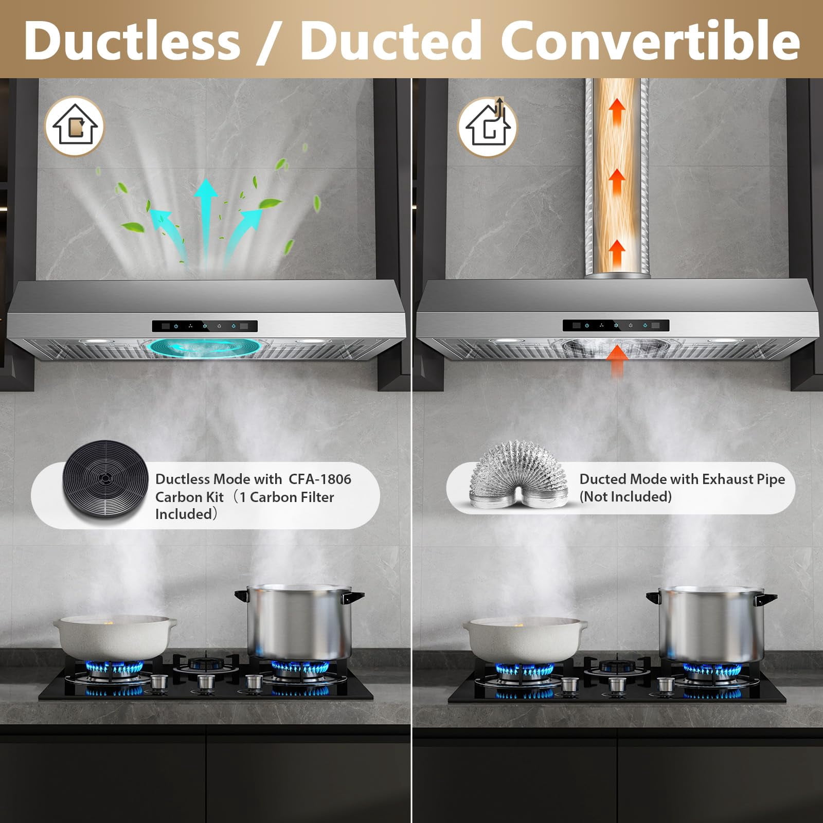 Under Cabinet Range Hood 30 inch, Stainless Steel Kitchen Hood 800CFM, Stove Hood with Push Button Control, Baffle Filters, Ducted/Ductless Convertible Duct