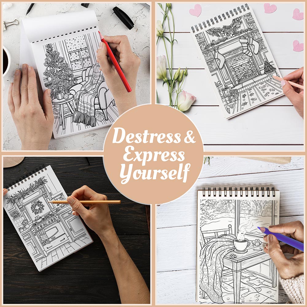 Netecom Cozy Christmas Coloring Book Spiral Bound for Adults, A5 Wooden Cover, 30 Serene Coloring Pages of Snowy Village Scenes in Xmas Day for Stress Relief and Relaxation