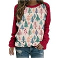 thumbnail image 2 of pimelu Christmas Sweater Clearance Womens Cute Shirts for Christmas Trendy Color Block Christams Tree Print Sweatshirt Girls Long Raglan Sleeve Round Neck Pullover Tops, 2 of 3