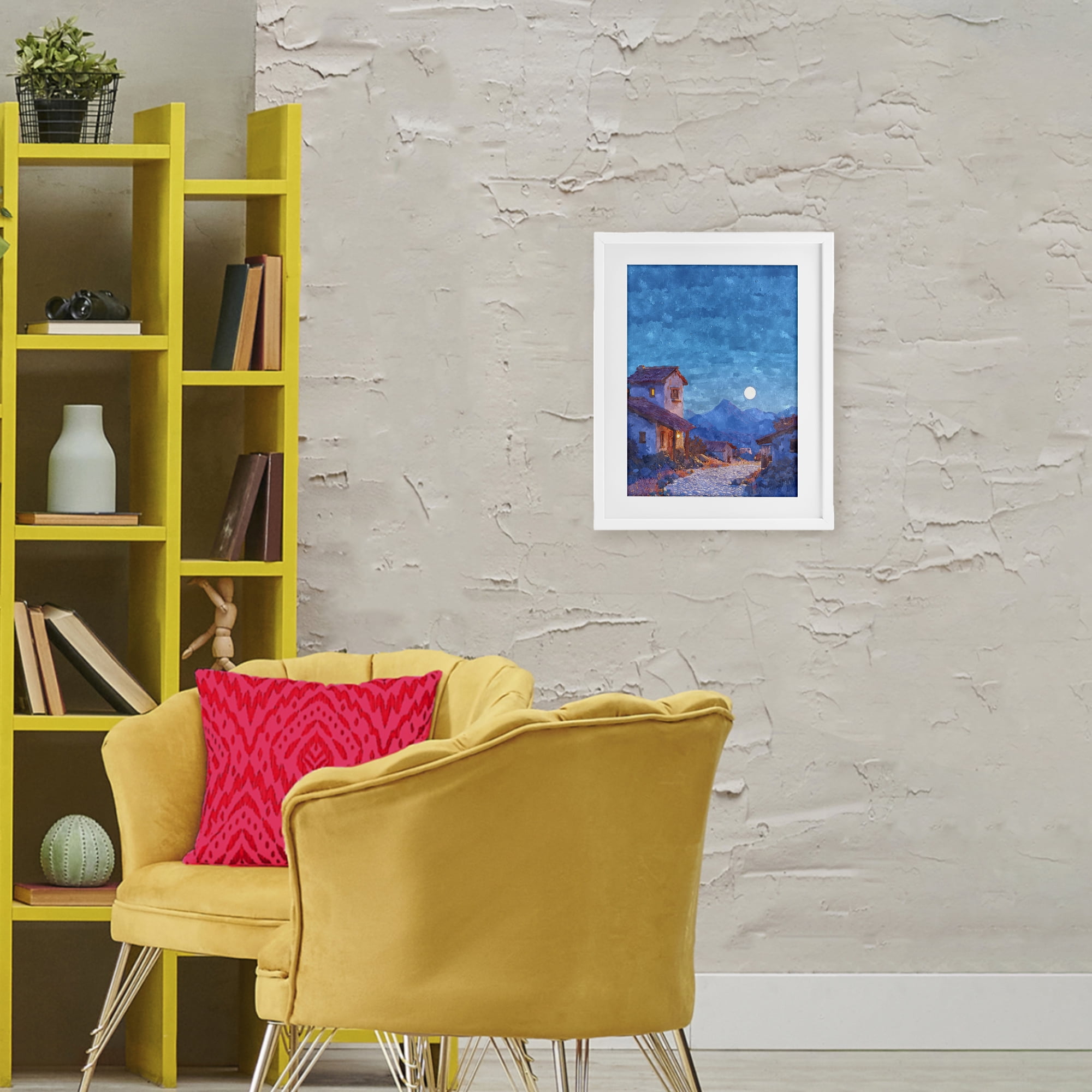 Moon over Quiet Town White Framed Print Under Glass, design by Ziwei Li