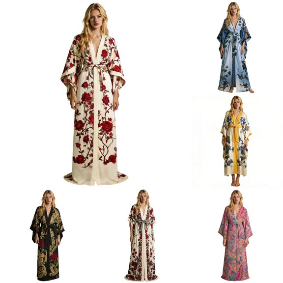 XIAONU Women's Comfortable Long Sleeve Sleep Robe Floral Belted Vacation Daily Wear Sleepwear