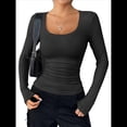thumbnail image 2 of Camisas de Larga con Cuello Redondo para Mujer, Blusas Informales de Punto Acanalado de Corte Ajustado, Camisetas Básicas de Trabajo para Verano y Otoño. Negro L, 2 of 9