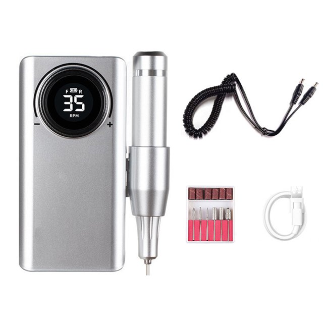 Kit de taladro para uñas Pantalla LCD portátil Taladro eléctrico multifuncional para lima de uñas Banco de energía para pulir plata