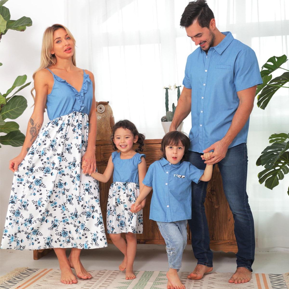 Hawee Family Matching Outfits Mommy And Me Denim Dresses Floral Printed Blue Pocket Tshirt Men Boy Shirt Girl Romper Blue
