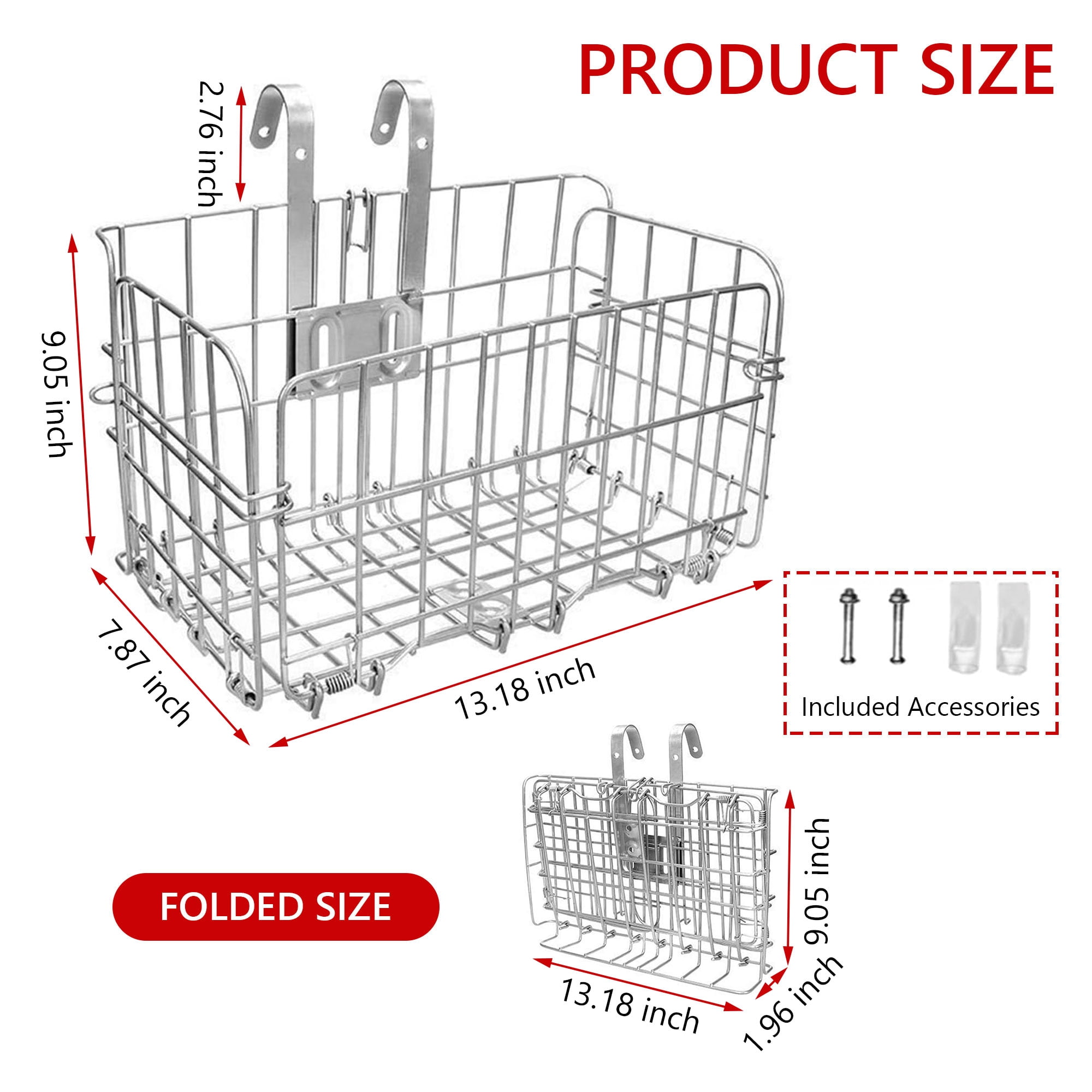 Semfri Folding Bicycle Front Basket Rustproof Removable Metal, Mesh Cover, Easy to Attach to Front Handlebars, Fits Most Bikes (Silver)
