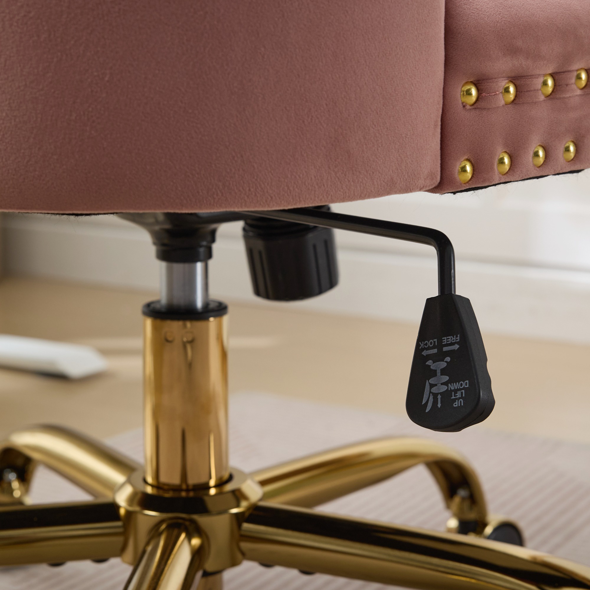 SESSLIFE Swivel Vanity Chair, Modern Office Chair with Wheels, Golden Metal Base, Velvet Upholstered Tufted Button Home Office Chair with Adjustable Height, Ergonomic Home Desk Chair, Pink