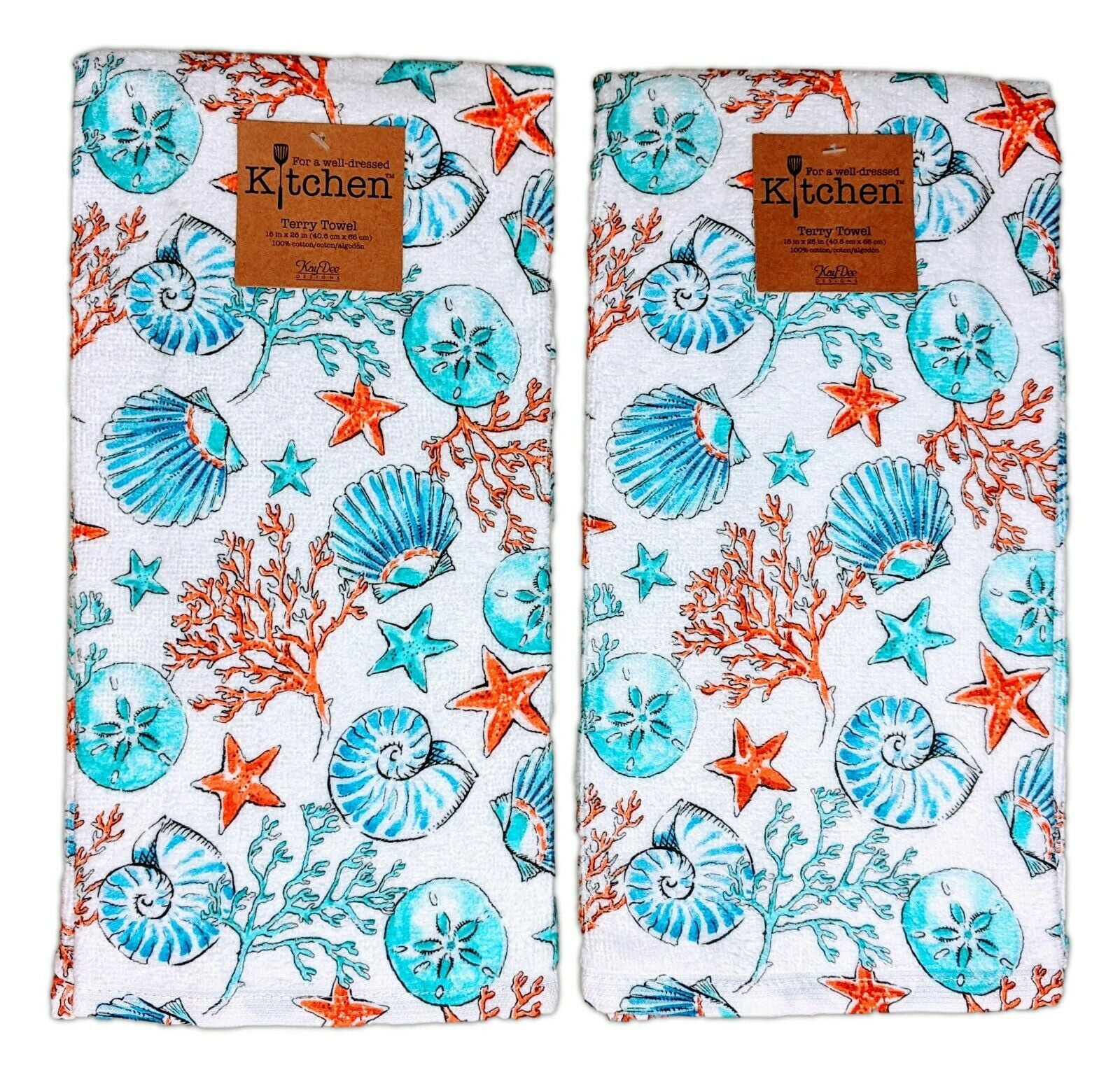 Set of 2 GOLDEN SEAS Coastal Nautical Terry Kitchen Towels by Kay Dee Designs 