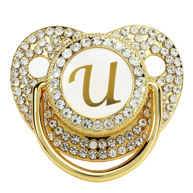 Chupete Baby Bling con clip dorado y letra curvada con funda antipolvo para recién nacidos (letra U)