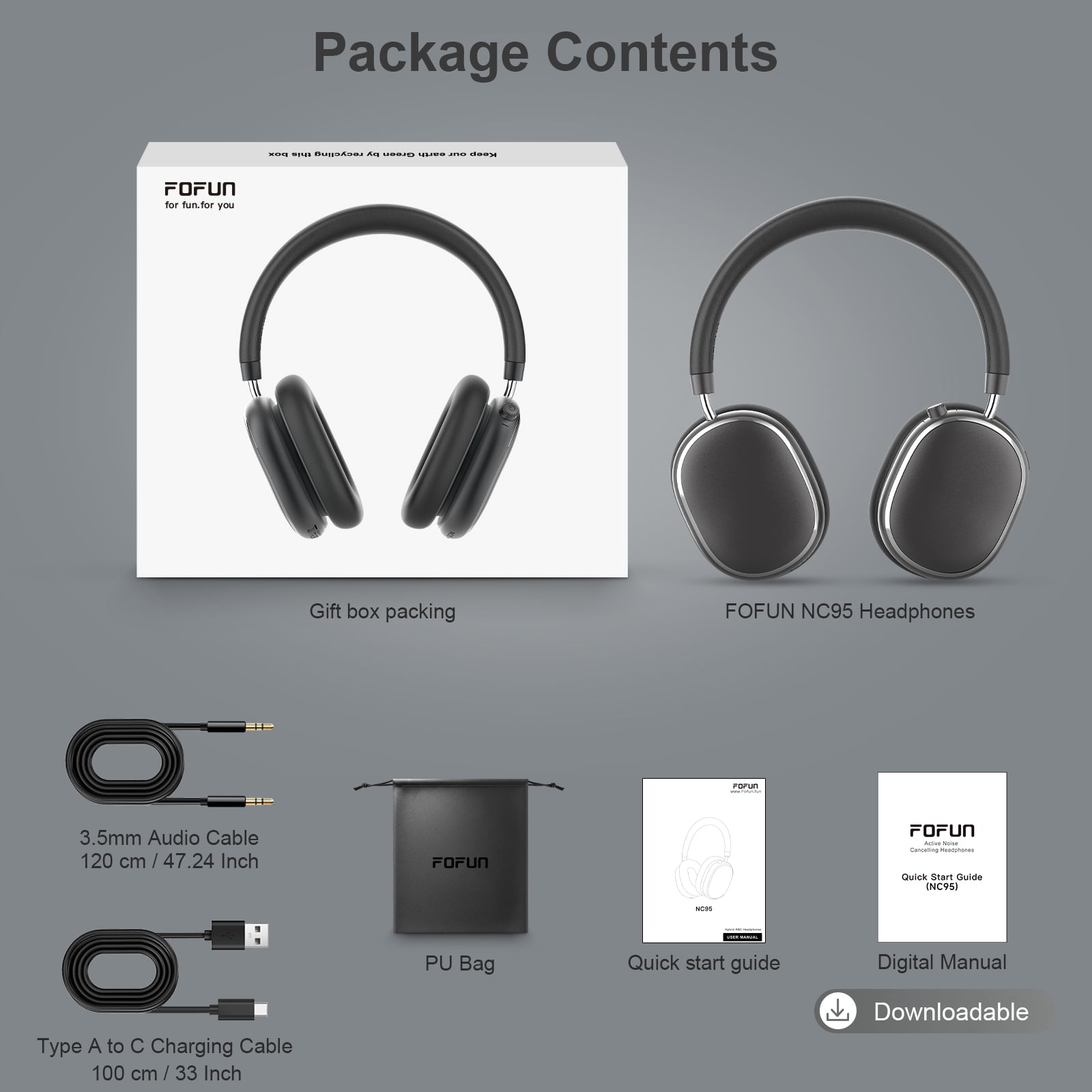 FOFUN NC95 Wireless Over Ear Headphones, Hybrid Active Noise Cancelling, Bluetooth 6.0 with Knob Control, 65H Playtime, App EQ Control, Hi-Res Audio, Comfort Fit for Travel and Workout