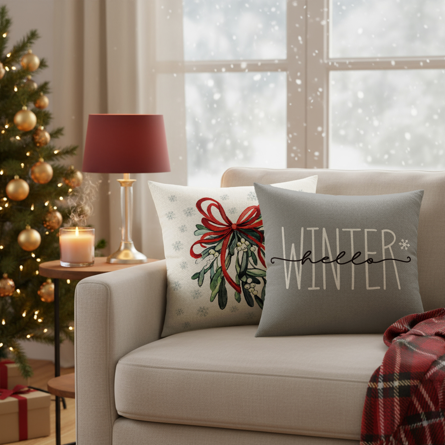 Sm:)e Hello Winter Christmas Tree Pillow Covers 18x18, Set of 4 photo 4