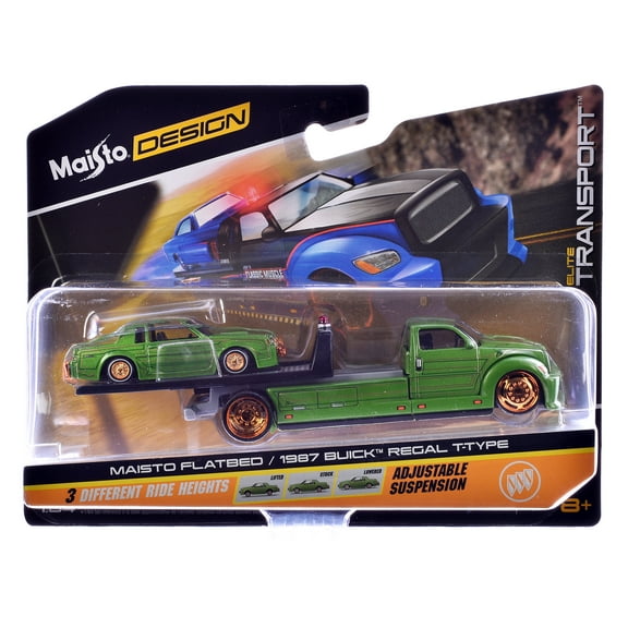 Maisto Flatbed Truck Green Metallic w/Graphics & 1987 Buick Regal T-Type Green Met with Graphics 1/64 Diecast Models by Maisto