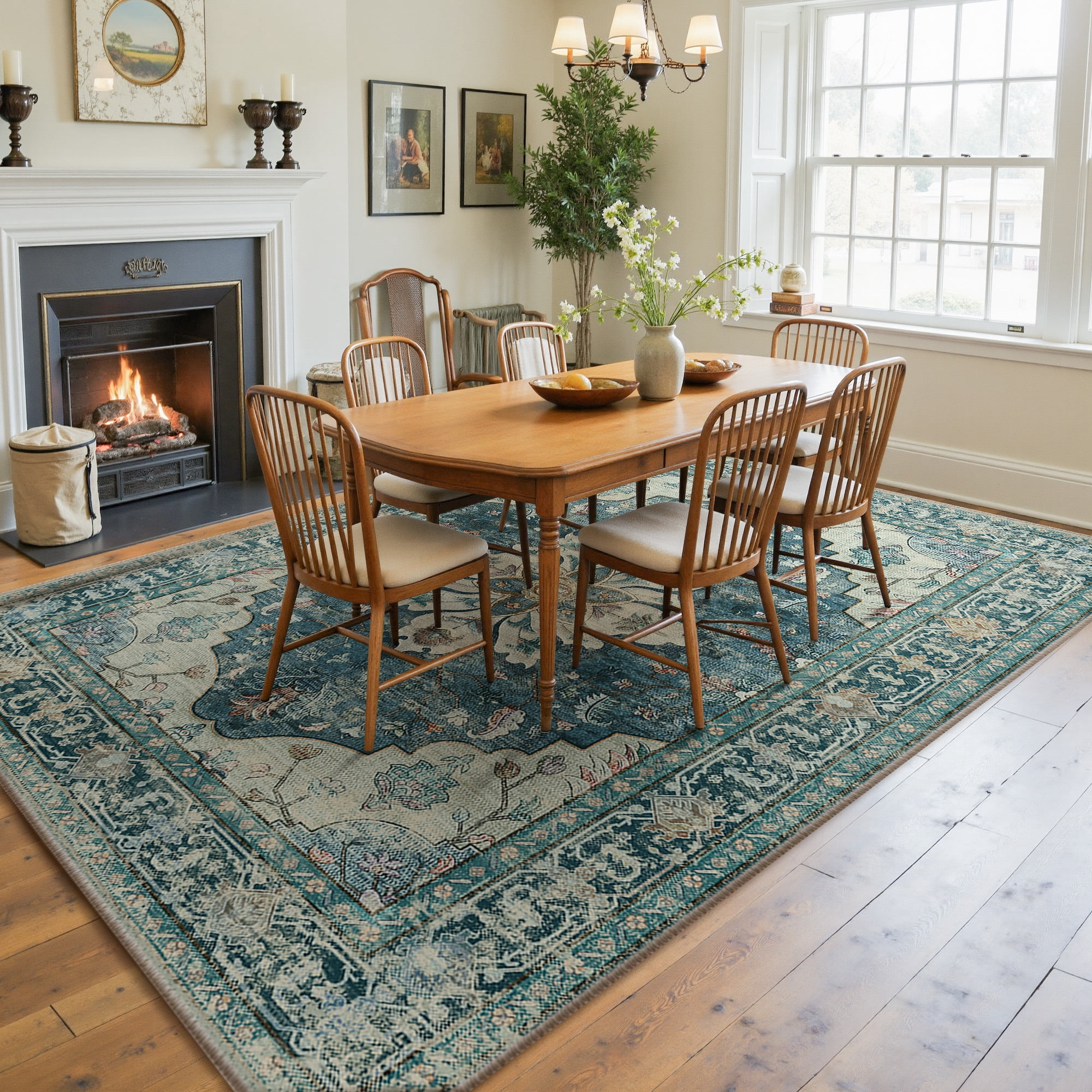 NewBuros 6'x9' Washable Area Rug for Living Room, Non Slip Vintage Distress Print Pattern Floral Rug, Soft Low Pile Indoor Carpet for Bedroom Dining Room, Dark Blue