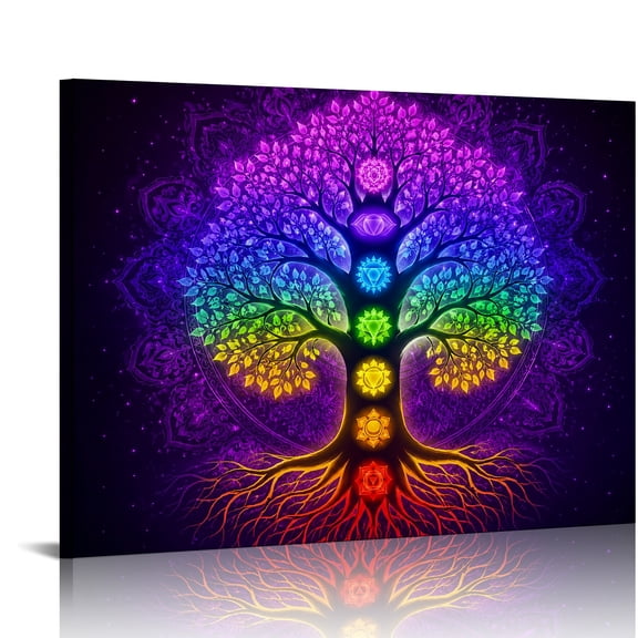 RKSupls Rainbow Chakra Tree Of Life Ready to Hang, Wall Art Canvas Print, Modern Wall Decor Bathroom Bedroom Kitchen Hallway Wall Decor Prints