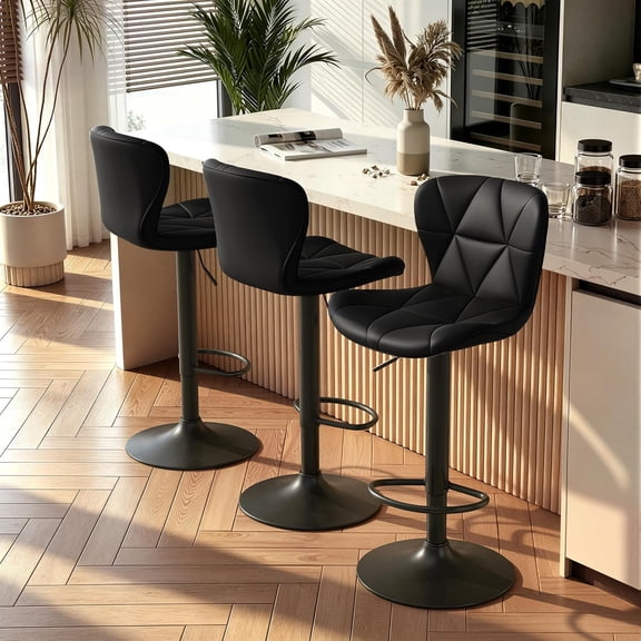 Modern Bar Stools Set of 3, Adjustable Faux Leather Upholstered Swivel Bar Stools, Counter Height Bar Chairs with Back for Kitchen Island, Black