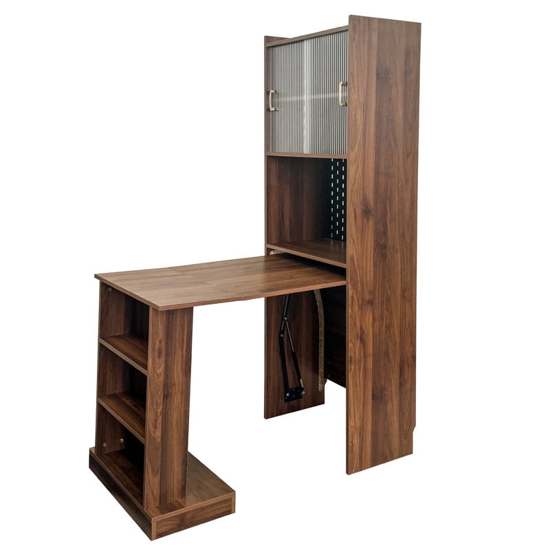 Foldable Computer Desk with 2 Sliding Glass Doors, Writing Study Table with Pegboard, Office Desk Workstation with Storage Shelves for Home Office