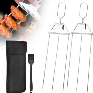 Tkrady 15 Inch 3-Prong Stainless Steel Kabob Skewers for BBQ 2Pcs Set, Barbeque Fork with Pusher Slider Grill Accessory for Meat Chicken Sausages Veggies Shrimp
