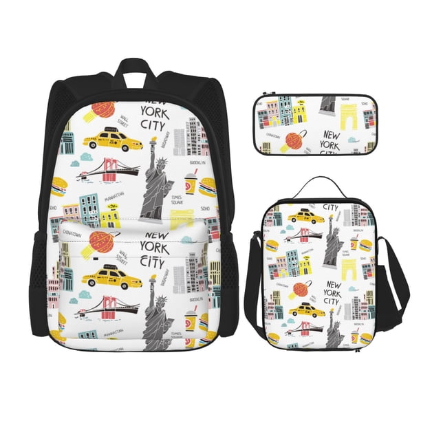 Easygdp New York Mochila para Niños y Niñas con Set de Caja de Almuerzo y Estuche para Lápices 3 en 1, Mochila Escolar Estampada para Adolescentes