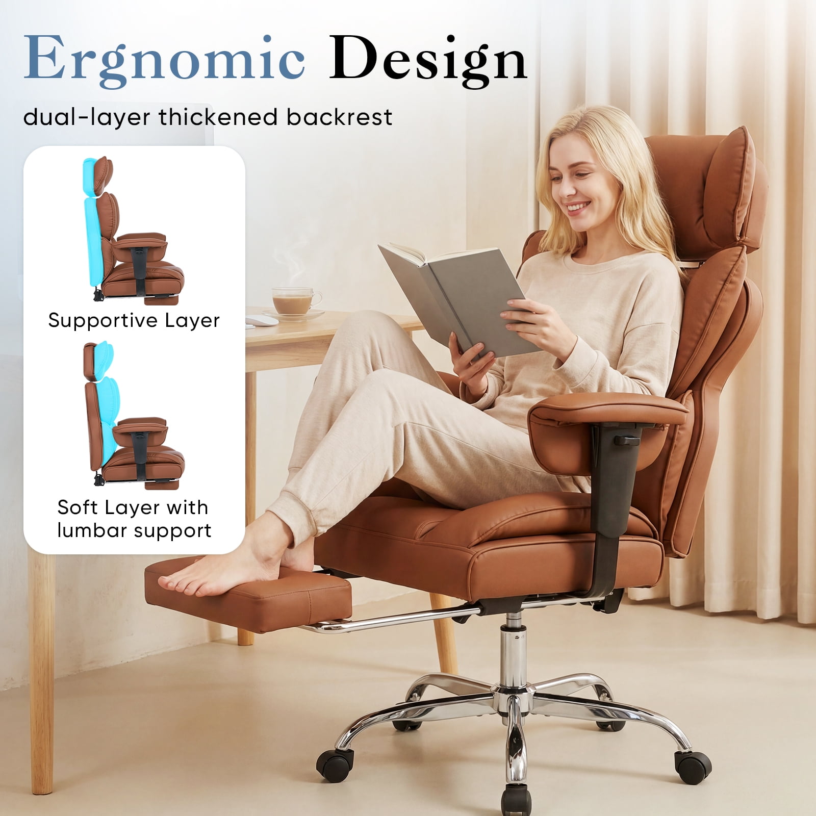 CONCETTA Ergonomic Office Chair 400LBS for Big & Tall, Heavy Duty Desk Chair with Reclining Back, Footrest, Luxurious PU Leather, Brown