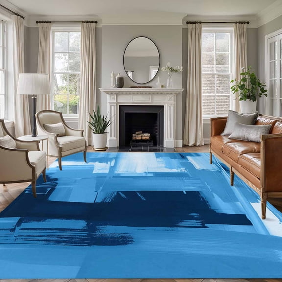 Ombre Blue Area Rugs 8'x10', Washable Small Throw Rugs for Living Room Patio, Modern Abstract Oil Painting Geometric Artwork Indoor Outdoor Rug Non-Slip Low Pile Carpet Runner Reversible Floor Mats