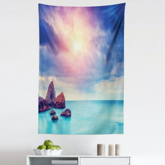 Beach Tapestry, Morning Scenery of Ukraine European Sunrise Retro Effect Photo, Fabric Wall Hanging Decor for Bedroom Living Room Dorm, 5 Sizes, Blush Aqua and Dark Lavender, by Ambesonne