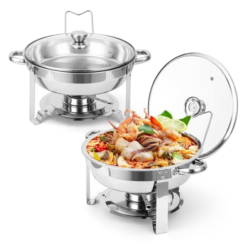 Round Stainless Steel Chafing Dish Buffet Set (2-Pack), Food Warmer with Clear Glass Lid & Stand, Buffet Server for Catering, Weddings & Home Parties