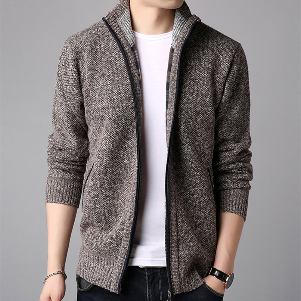 XinYangNi Mens Casual Slim Full Zip Thick Knitted Cardigan Sweaters with Pockets