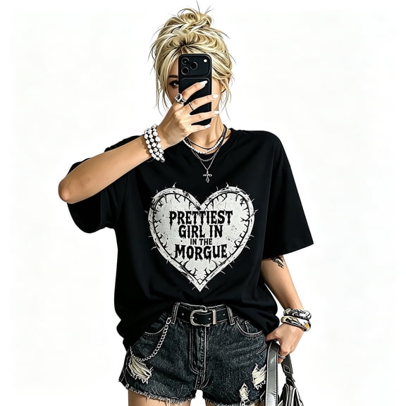 Women Halloween Gothic Heart Graphic Black Crew Neck Short Sleeve Oversized Casual T-Shirt