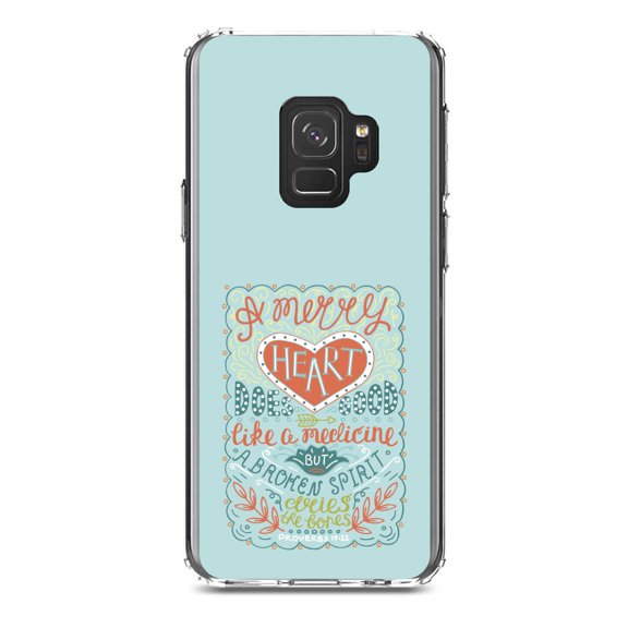 DistinctInk Clear Shockproof Hybrid Case for Samsung Galaxy S9 (5.8" Screen) - TPU Bumper, Acrylic Back, Tempered Glass Screen Protector - Proverbs 17:22 - A Merry Heart Does Good