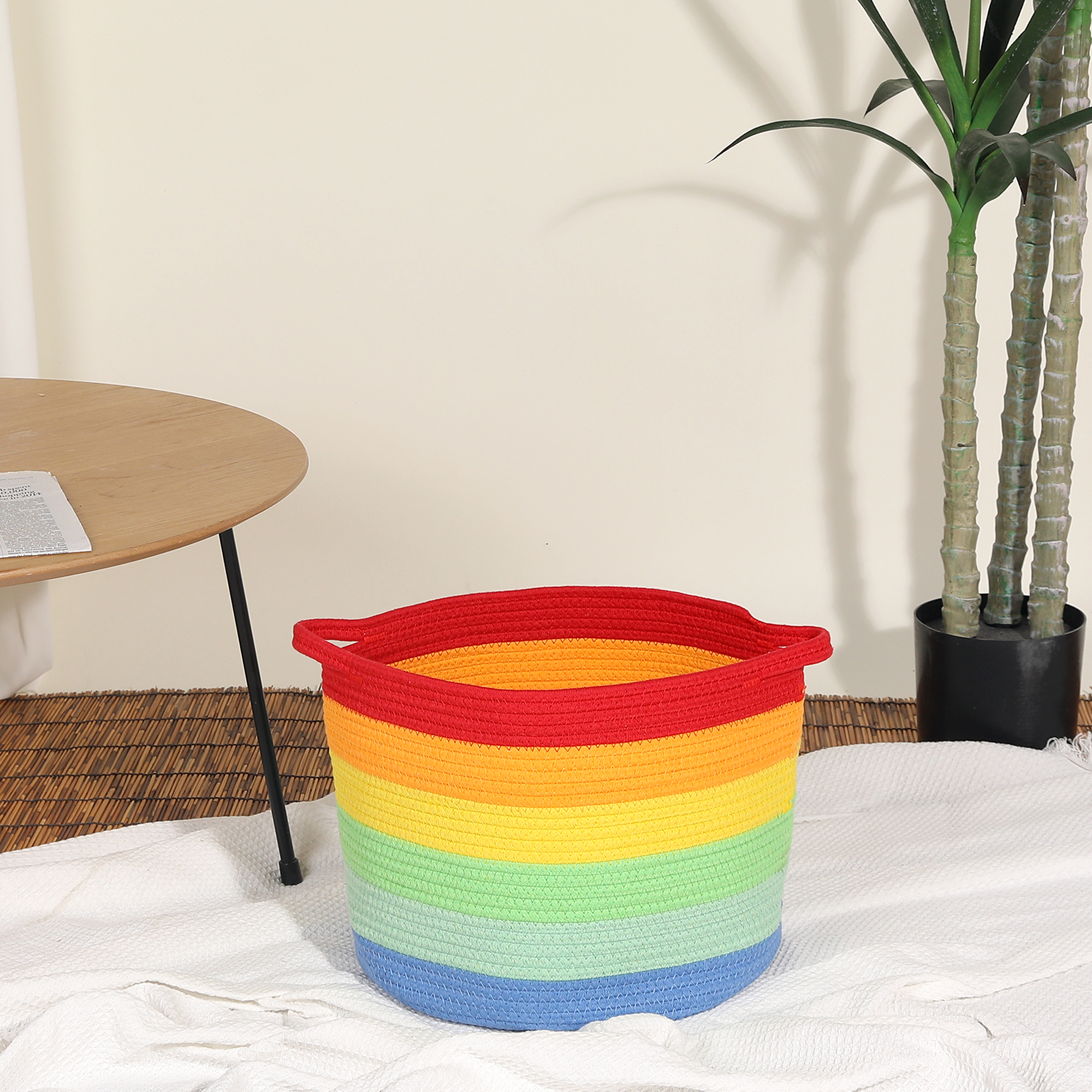 Unique Bargains 1pk Woven Storage Basket with Handle Shelf Storage Bin for Clothes Rainbow